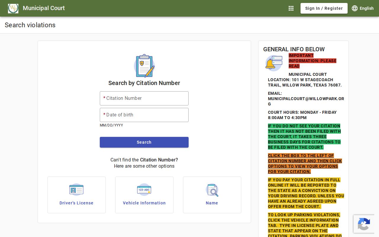 Parker County warrant records: Willow Park municipal search tabs and fields