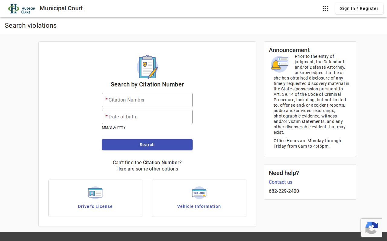 Parker County warrant records: Hudson Oaks Municipal Court search-category tabs